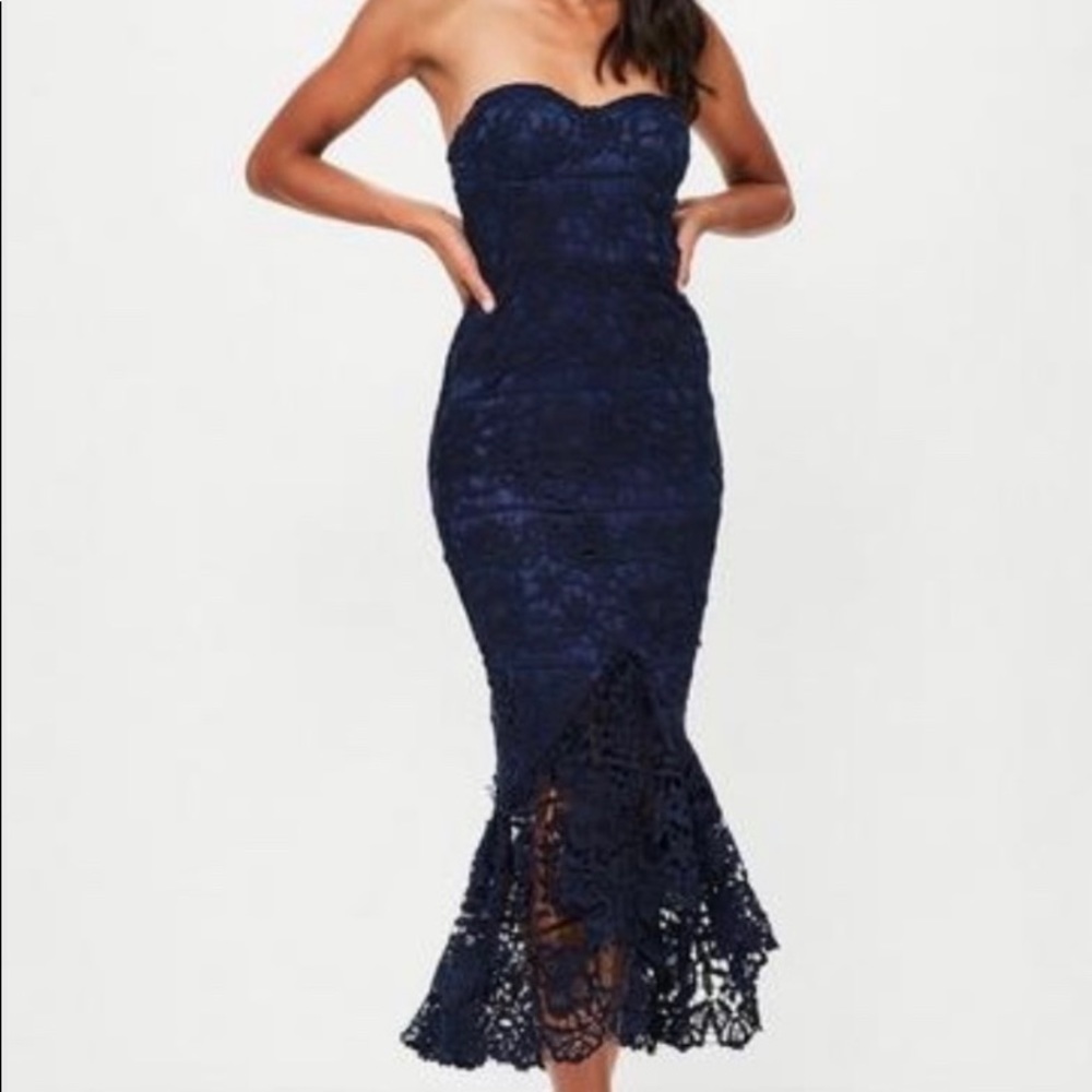 Navy blue fishtail dress with navy lace overlay!